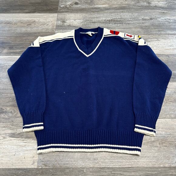 Vintage Catalina Blue Mens Large Acrylic Knit‎ V-Neck Preppy Nautical Sweater - Picture 1 of 7